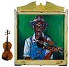 Wayne Manns (American, 20th Century) 'Violin Player' Acrylic and Found Objects on Panel