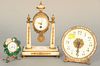Three 19th C. clocks with French marble shelf clock, ht. 7 1/2" (one enamel chipped).