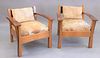 Whit Mcleod mission oak style armchairs with cow hide cushions, ht. 27", wd. 29"