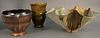 Three piece stoneware group to include large contemporary bowl, 1980, stoneware with enameling on interior, signed illegibly to base, ht. 9 1/2", two 