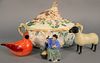 Four piece lot to include Majolica covered urn with birds and rabbits, ht. 11", wd. 18" along with glass bird, Royal Doulton and lamb.