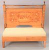 Hall bench with classical motif having inlaid back panel, some damage, ht. 48", wd. 46".
