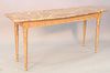 Continental style hall table with brown marble top on gilt base, ht. 30", top: 21" x 64".