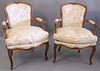 Pair of Louis XV style fauteuils with custom upholstery, ht. 33", wd. 25".