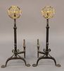 Pair of iron andirons with large brass tops, ht. 30".