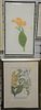 Nine framed pieces to include: set of five Oriental colored woodblock prints of flowers in a vase, signed illegibly in pencil and a set of four botani