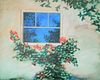 Artist unknown, 1992, depicts red flowering bush and window, illegibly signed lower right, framed, canvas 48 1/4" x 60".