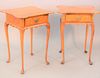 Pair of Dimes Queen Anne style tiger maple stands, each having one drawer and shaped top, ht. 27 1/2", top: 21" x 21".