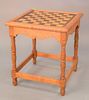 Custom tiger maple table having checkerboard inlaid top, ht. 24 1/2", top: 22" x 22".