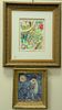 Four framed pieces after Marc Chagall, two watercolor on paper, Rooster and Jester, Dancing Figures, sheet size 13" x 9 1/2".
