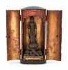 A Small Black Lacquered Shrine with a Carved Wood Figure of Kannon