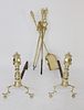 Pair of 19th c. Brass Pennsylvania Multi-turned Finial Top Andirons with Matching Tools