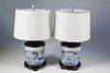 Pair of Blue and White Chinese Canton Style Cylindrical Lamps