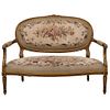 Living Room Set, France, Early 20th century, Carved wood and gobelin upholstery with floral motifs.