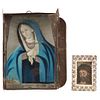 Pair of Religious Images, Mexico, 19th century, Our Lady of Sorrows in tin niche, and Holy Face, Oil on zinc sheet.