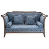 Living Room Set, 19th century, Louis XVI style, Carved wood and blue upholstery with floral motifs and four cushions.