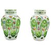 Pair of Vases, Czech Republic, 20th century, Made of OVERLAY glass in white and green colors and enameled decoration.