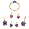RING AND THREE PAIR OF EARRINGS WITH IOLITE, AMETHYST AND GARNET. 18K YELLOW GOLD. POMELLATO M'AMA NON M'AMA AND NUDO COLLECTIONS