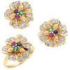 RING AND EARRINGS SET WITH EMERALDS, RUBIES, SAPPHIRES AND DIAMONDS . 14K YELLOW GOLD