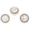  RING AND EARRINGS SET WITH HALF PEARLS AND DIAMONDS. 14K WHITE GOLD