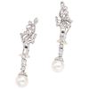 CULTURED PEARLS AND DIAMONDS EARRINGS. PALLADIUM SILVER AND 14K WHITE GOLD