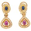 RUBIES, SAPPHIRES AND DIAMONDS EARRINGS. 18K AND 14K YELLOW GOLD