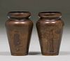 Pair Arts & Crafts Acid-Etched Scenic Vases c1910