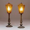 Pair Arts & Crafts Brass Six-Sided Amber Glass Lamps