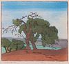 Katherine Van Dyke Harker Woodblock "Wind-Swept Tree"