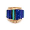 Charles Loloma
(Hopi, 1921-1991)
14k Gold with Turquoise, Lapis, and Coral Cobblestone Inlay RingLot is located and will ship from Denver, Colorado
