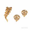 14kt Gold and Diamond Leaf Brooch and Earrings