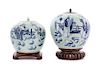Two Blue and White Porcelain Covered Jars Height of taller 8 inches.
