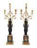 A Pair of Empire Gilt and Patinated Bronze and Marble Three-Light Figural Candelabra