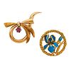 TWO 18K YELLOW GOLD, DIAMOND OR GEM-SET BROOCHES