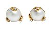 A Pair of 18 Karat Yellow Gold, Mabe Pearl and Diamond Earclips, 12.30 dwts.