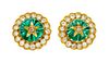 A Pair of 14 Karat Yellow Gold, Diamond and Carved Emerald Bead Earclips, 6.00 dwts.