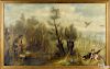 Oil on canvas hunt scene, early 20th c., 26'' x 43''.