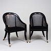 Near Pair of Regency Style Ebonized and Caned Gondole Chairs