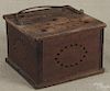 American wood foot warmer, 19th c., with punched decoration and the initials E.C., 5 3/4'' h.