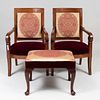 Pair of Neoclassical Style Armchairs and Similarly Upholstered Footstool 