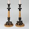Pair of Empire Style Marble and Bronze Tripod Candlesticks Mounted as Lamps