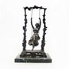 Vintage Bronze Sculpture, Girl On Swing, Ana Moreau
