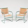 Pair of Modern Green Painted Metal and Wood Armchairs
