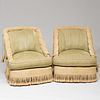 Pair of Green and Oatmeal Chenille Upholstered Club Chairs with Fringe