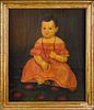 Oil on wood panel portrait of a child, mid 19th c