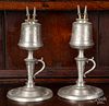 Pair of pewter whale oil lamps, ca. 1850