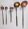 Five wrought iron, brass and copper ladles