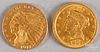 Two quarter eagle gold coins, etc.