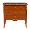 A Louis XV/XVI Transitional Style Gilt Bronze Mounted Parquetry Breche d'Alep Marble-Top Commode