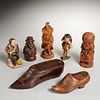 Continental & English carved figures, snuff boxes